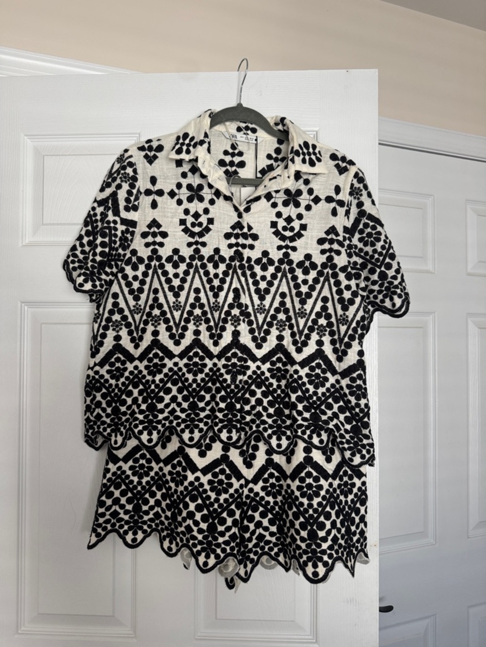 Zara Black and Cream Geometric Short Sleeve Shirt & Shorts Set